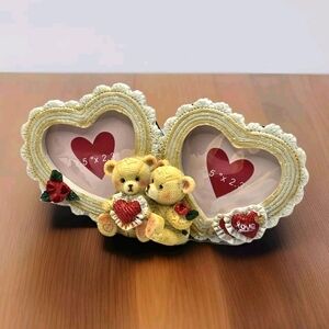 Vintage Teddy Bear Double Picture Frame Heart Shape 2.5" x 2.3"  Valentine Day